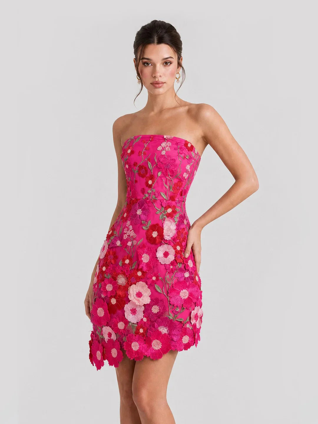 3D Floral Applique Strapless Mesh Mini Dress