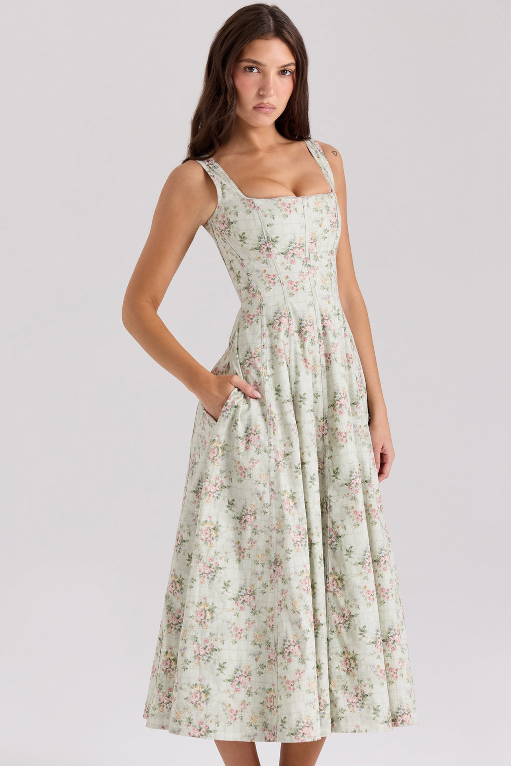 sage floral print cotton midi dress
