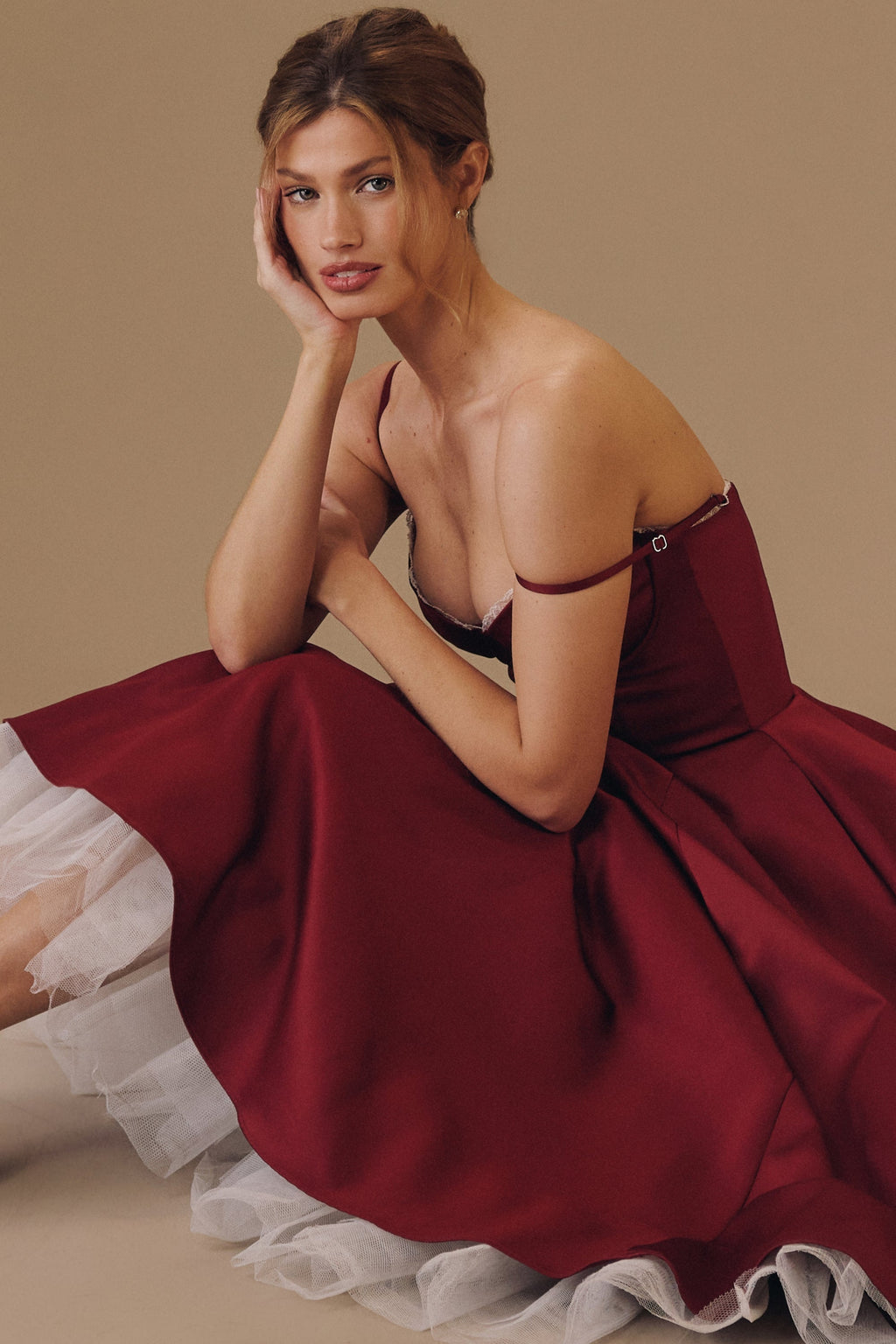 wine satin tulle midi dress