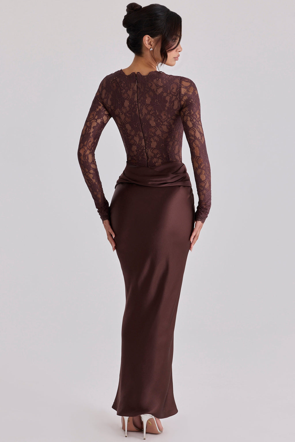 espresso brown lace + satin draped maxi dress
