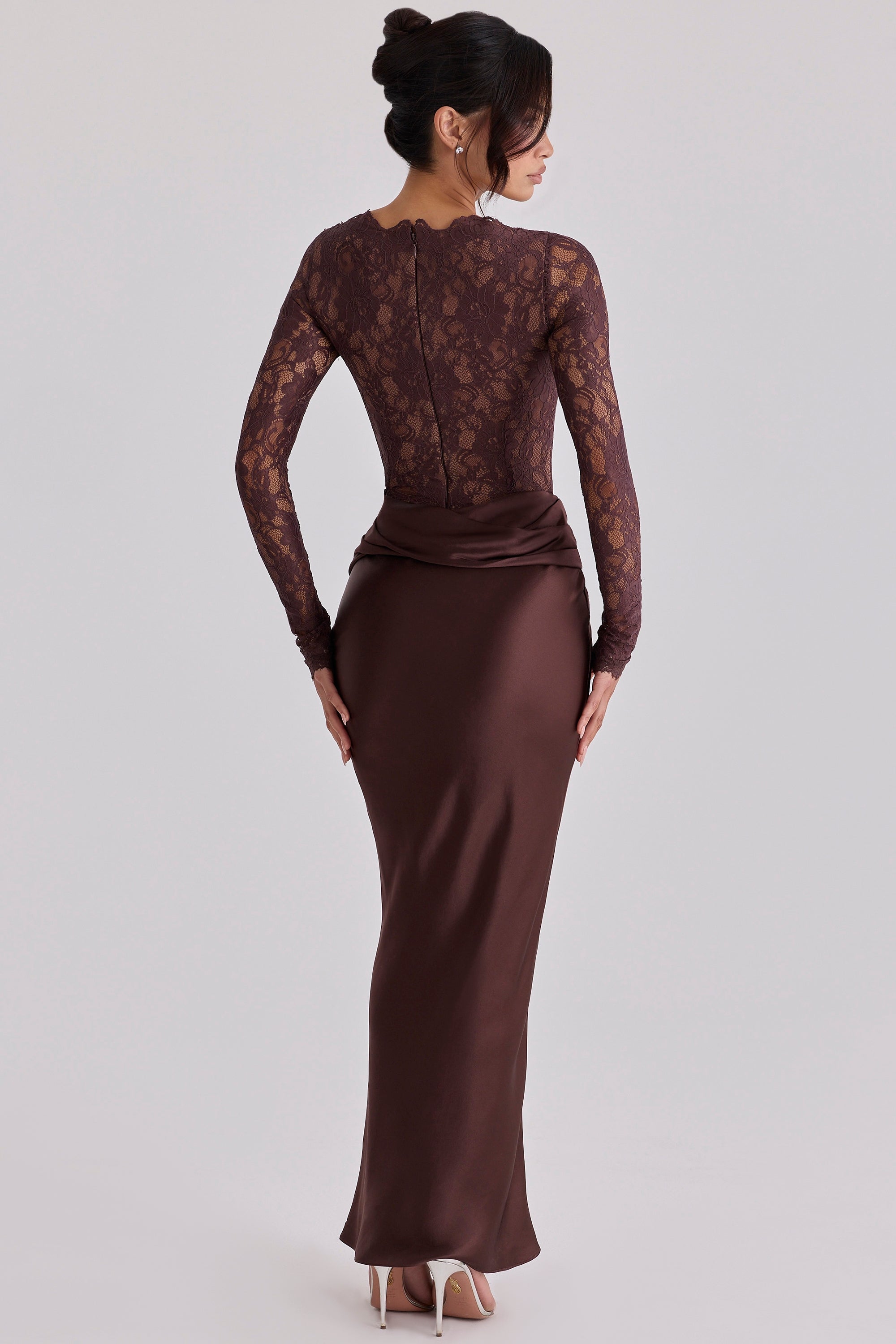 espresso brown lace + satin draped maxi dress