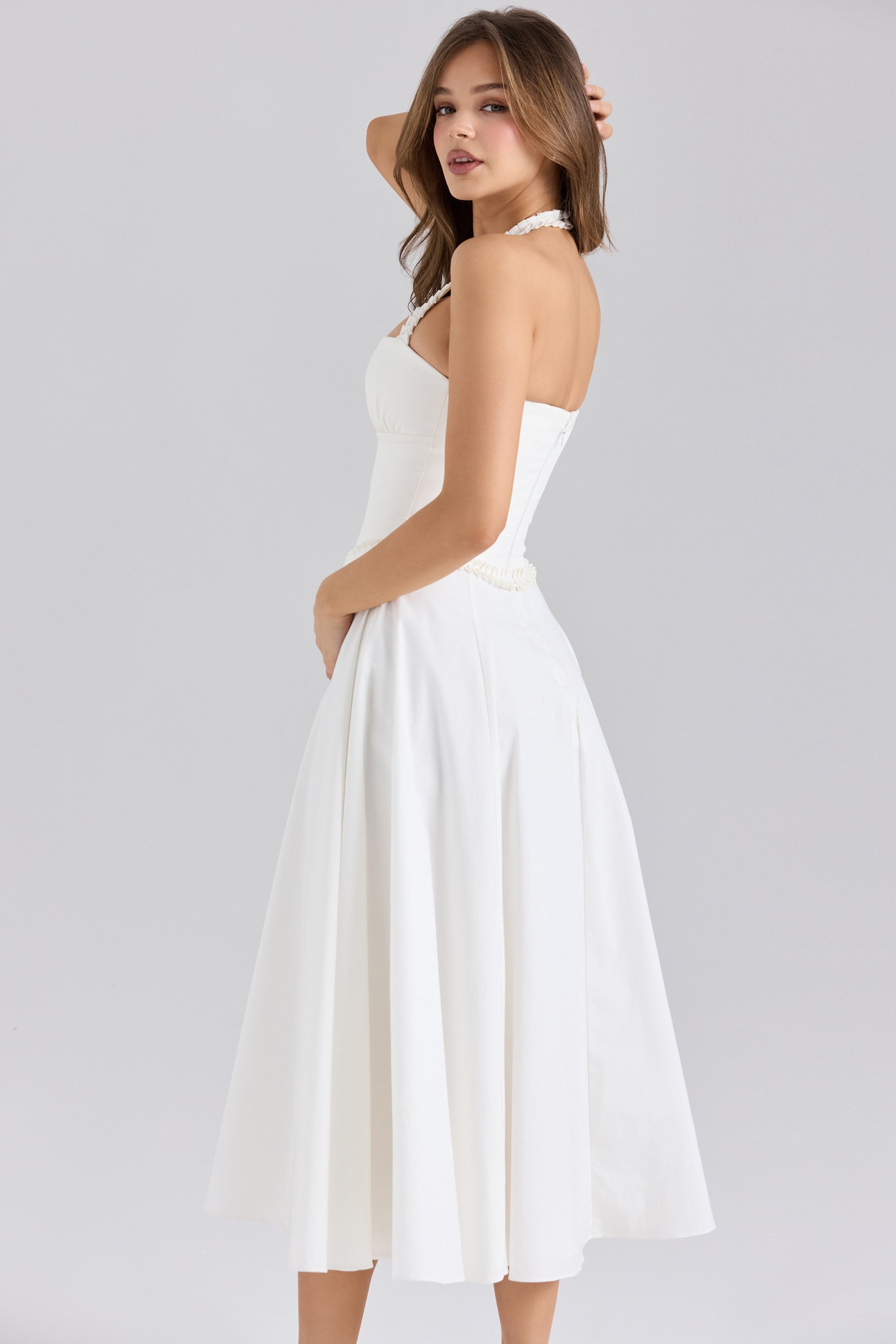 white stretch cotton halter neck midi dress