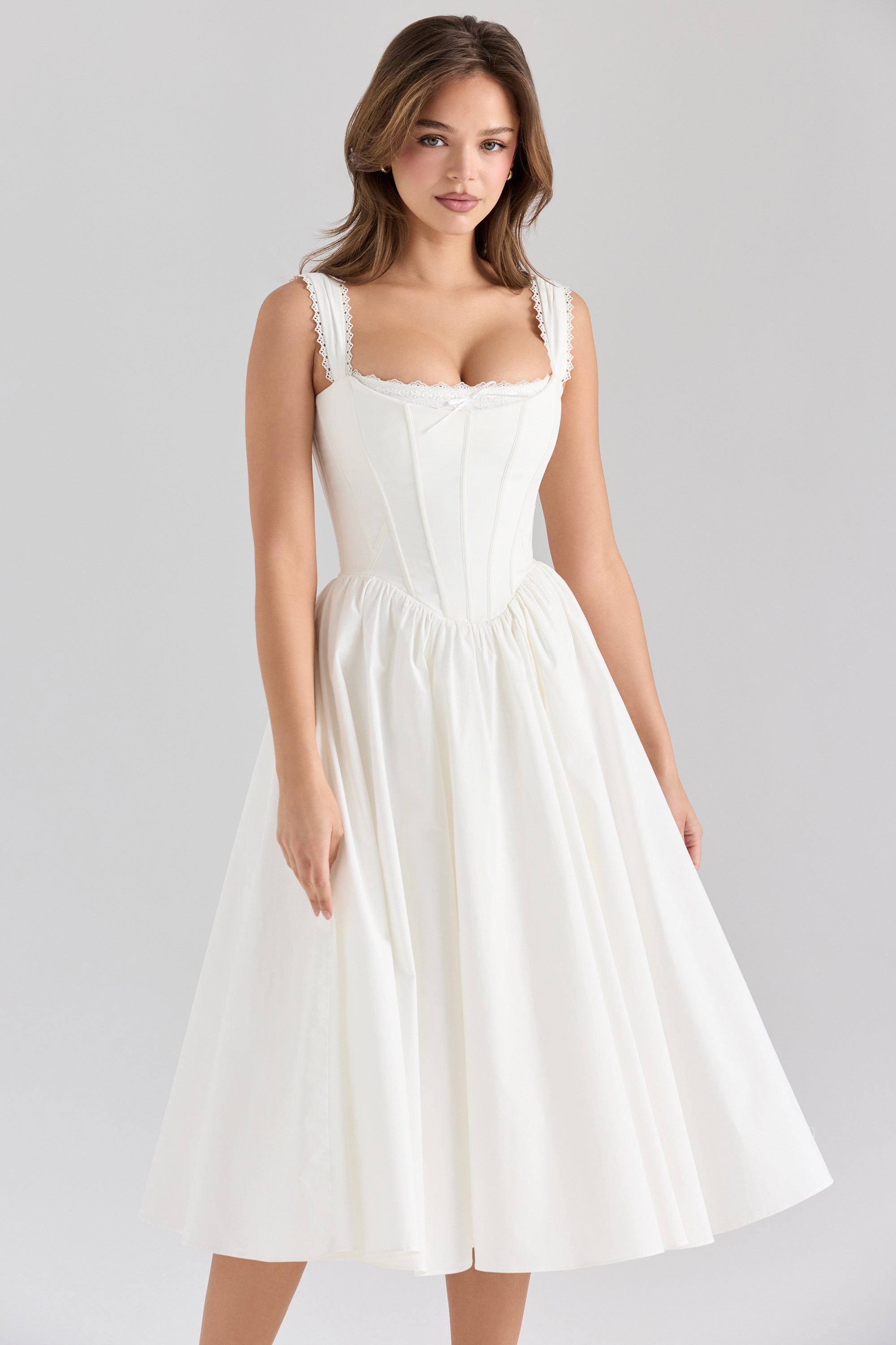 white stretch cotton corset midi dress