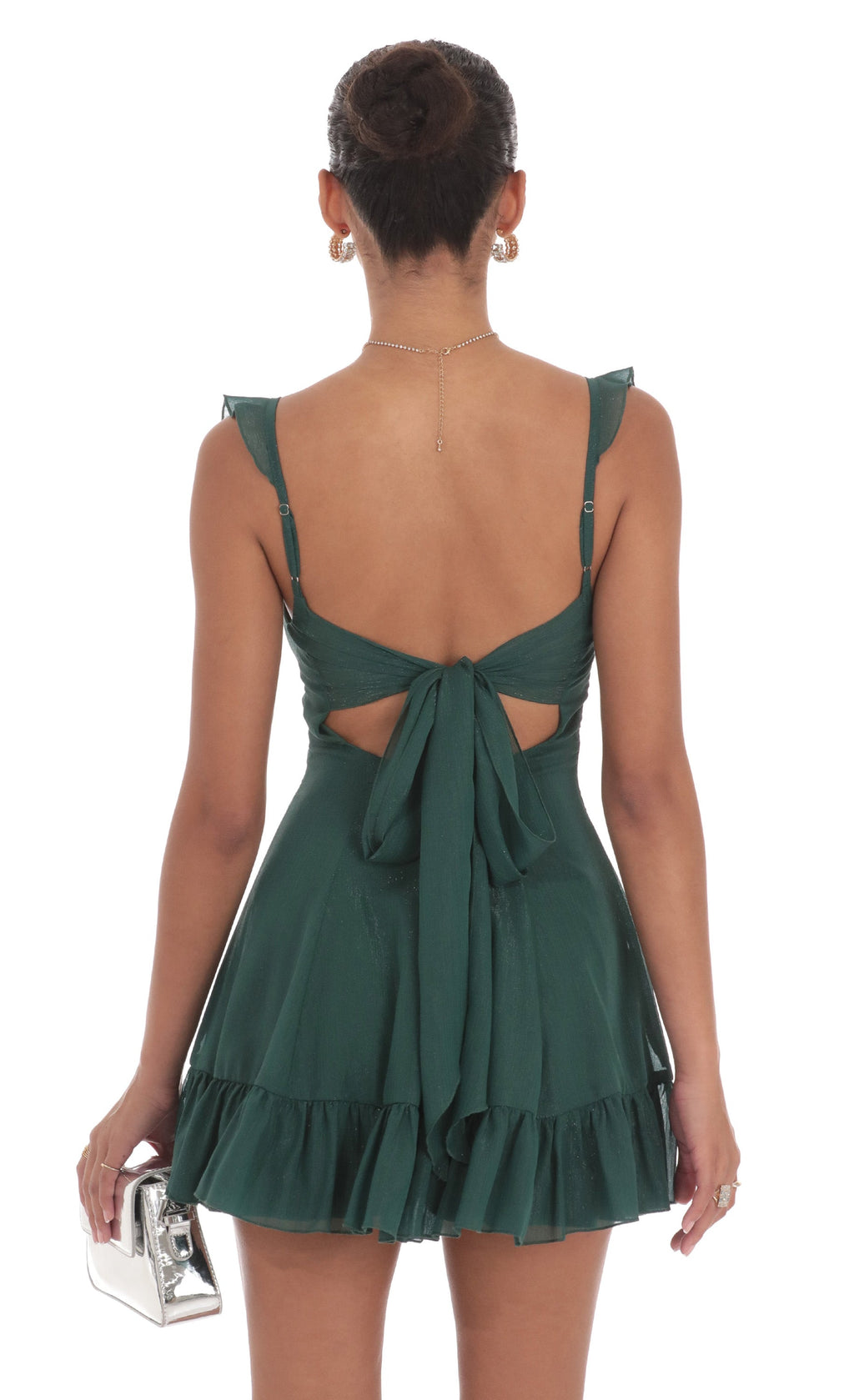 Shimmer Chiffon Ruffle Strap Dress in Green