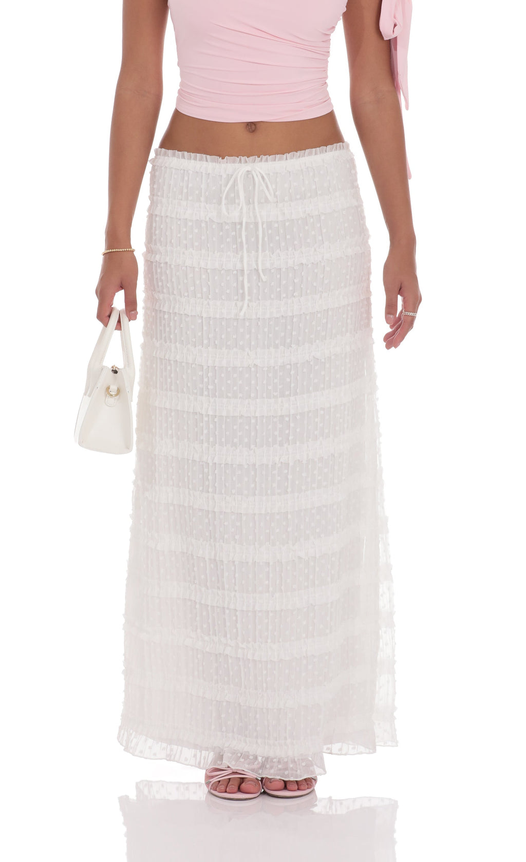 Ruched Dotted Maxi Skirt in White
