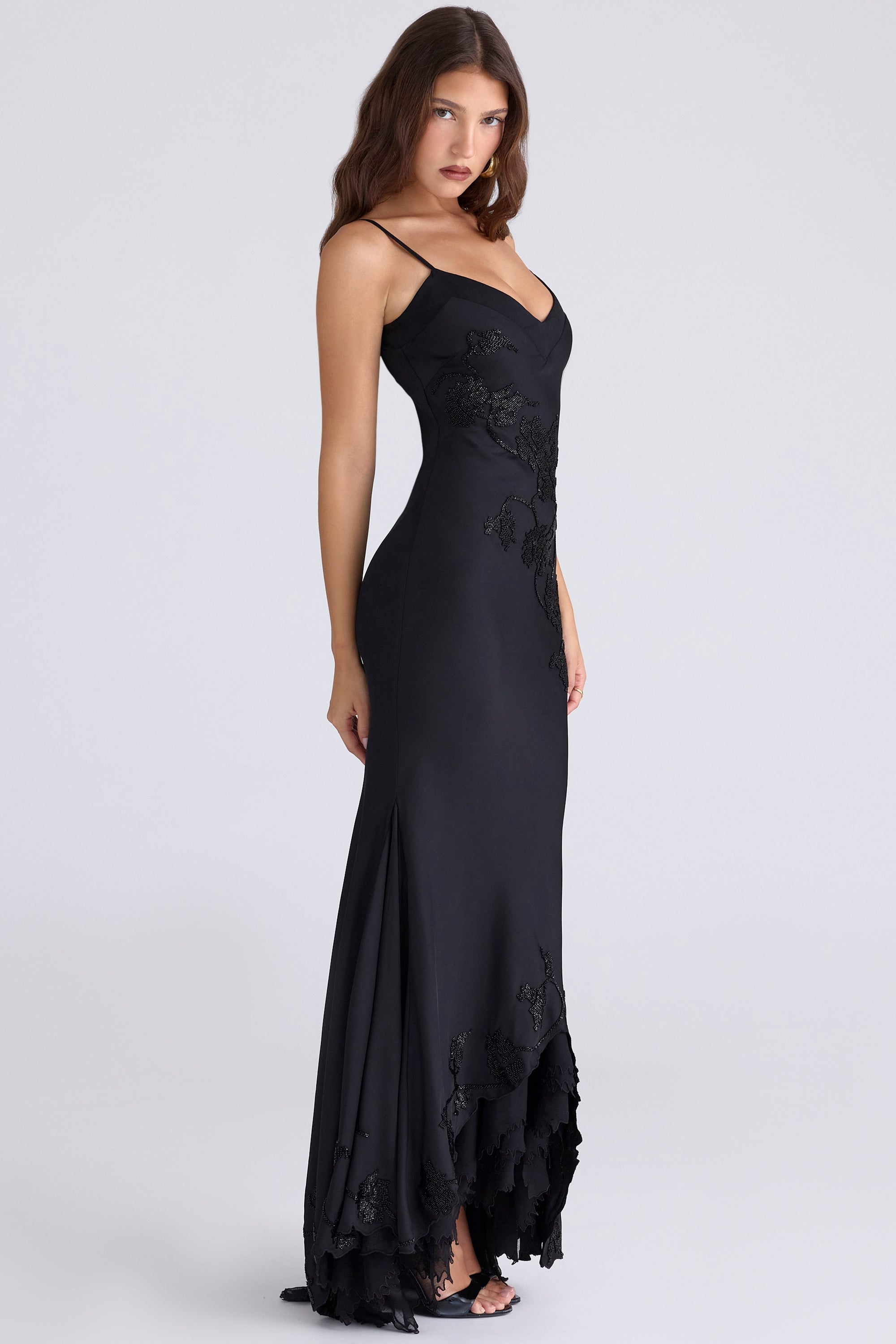 black hand beaded embellished satin maxi dress - limited edition