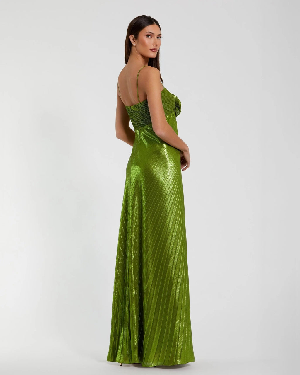 Green Metallic Pleated Gown With 3D Flower