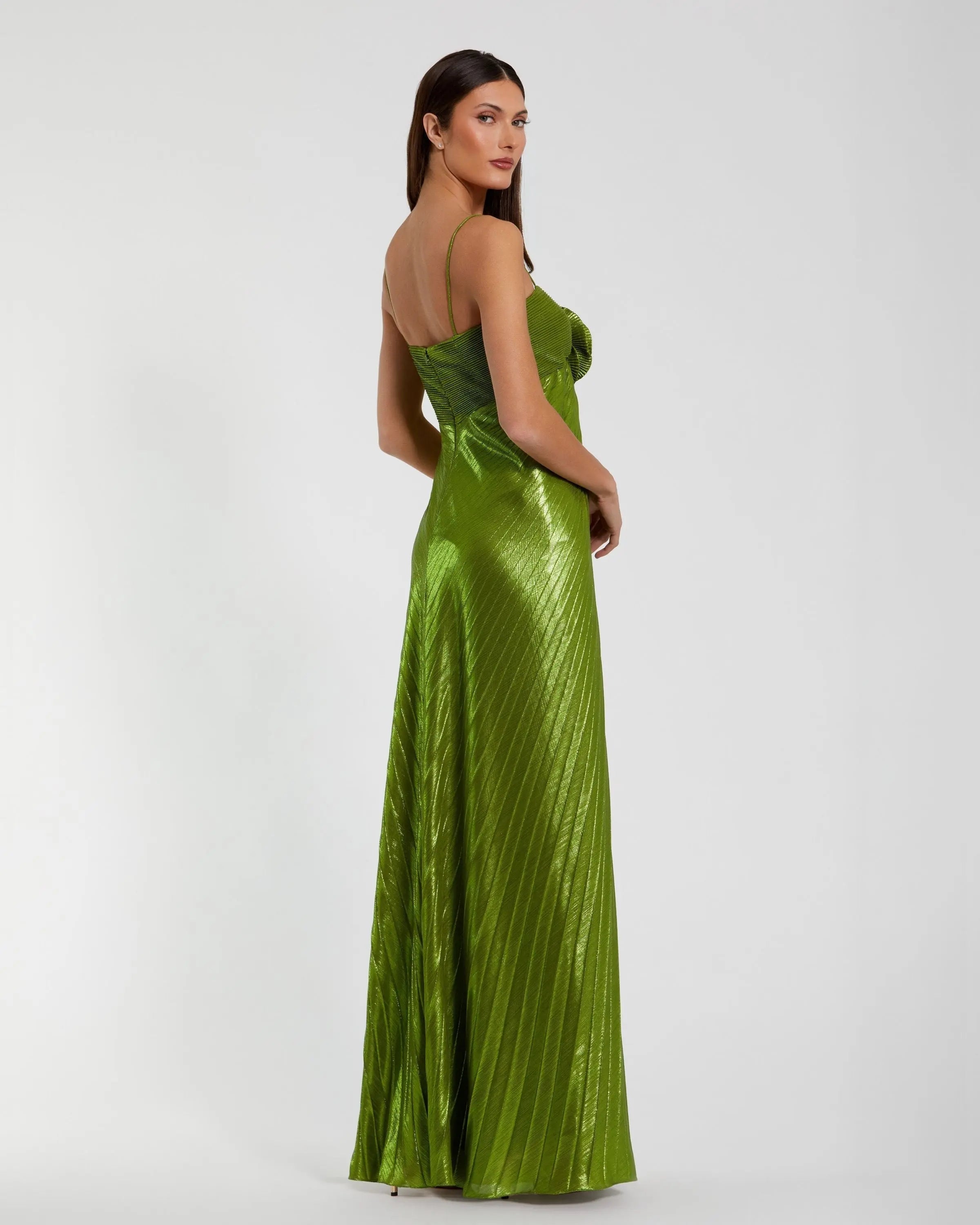 Green Metallic Pleated Gown With 3D Flower