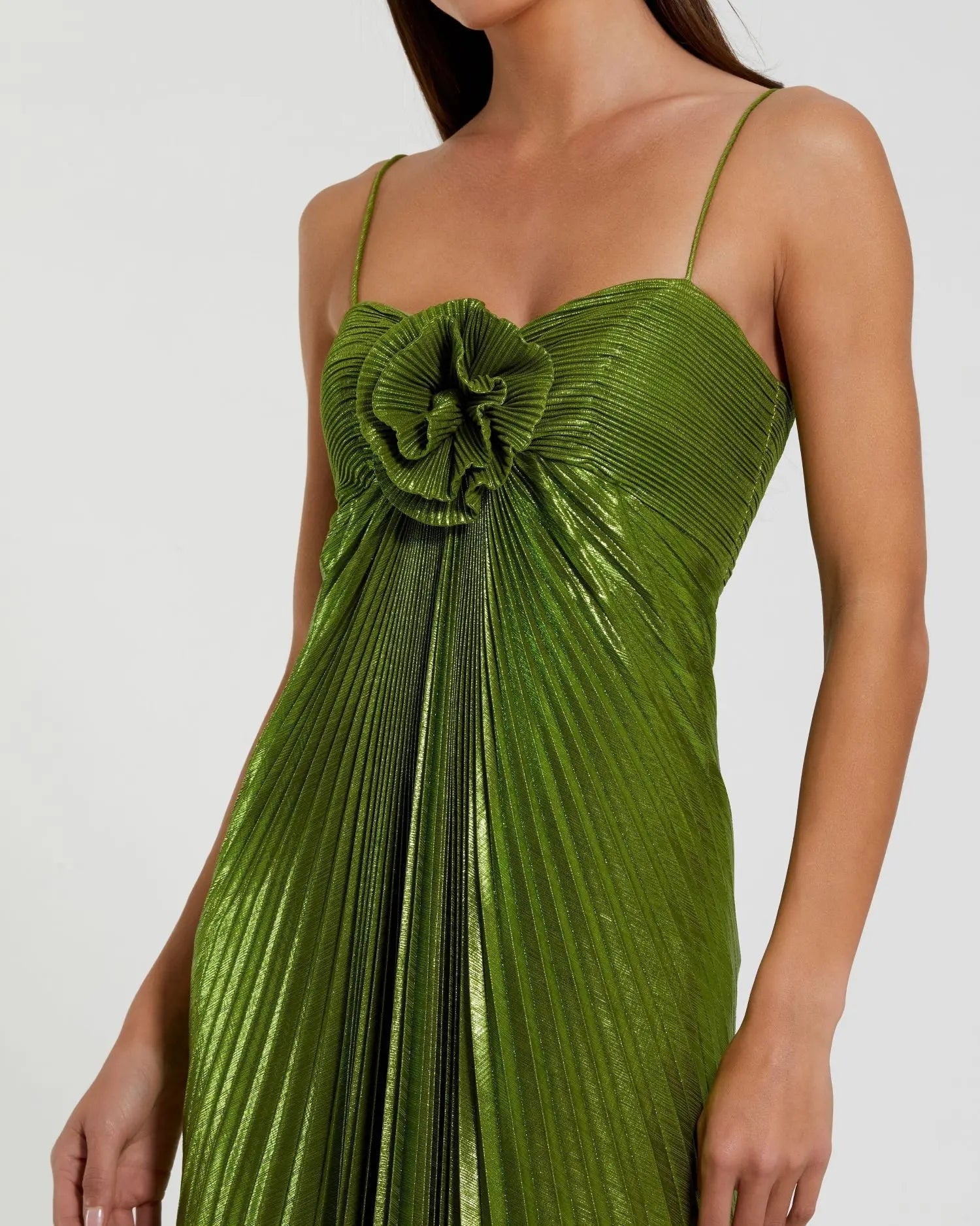 Green Metallic Pleated Gown With 3D Flower