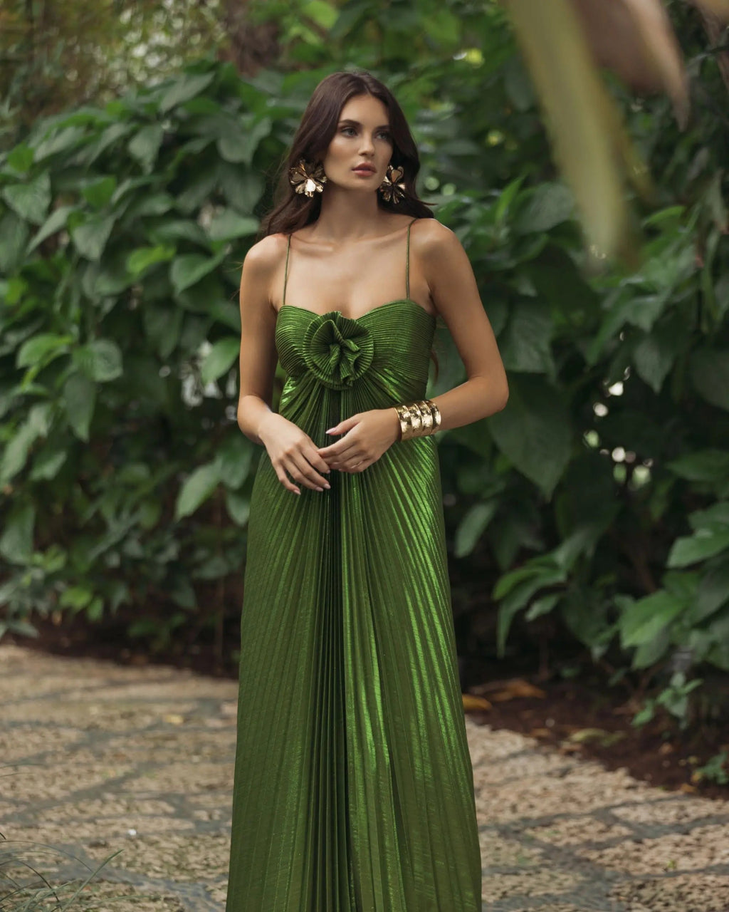 Green Metallic Pleated Gown With 3D Flower