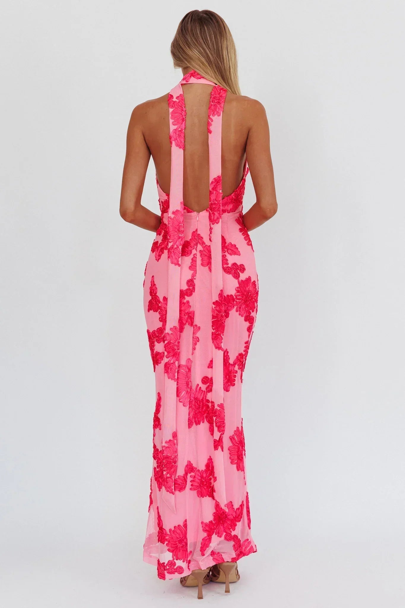 Cipriana Backless Halter Maxi Dress Embellished Pink