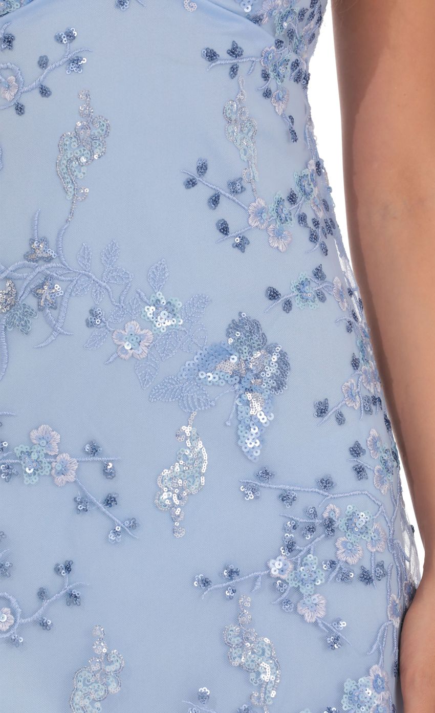 Sequin Embroidered Floral Babydoll Dress in Blue