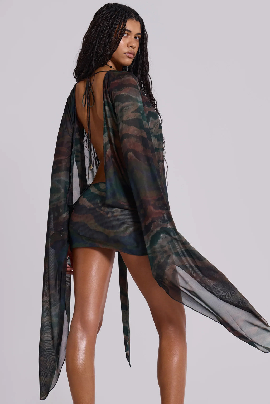 Aria Mesh Plunge Mini Dress in Labyrinth