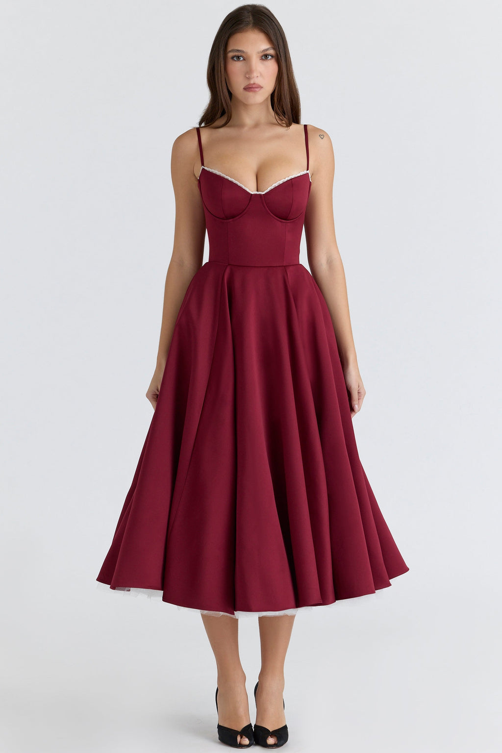 wine satin tulle midi dress