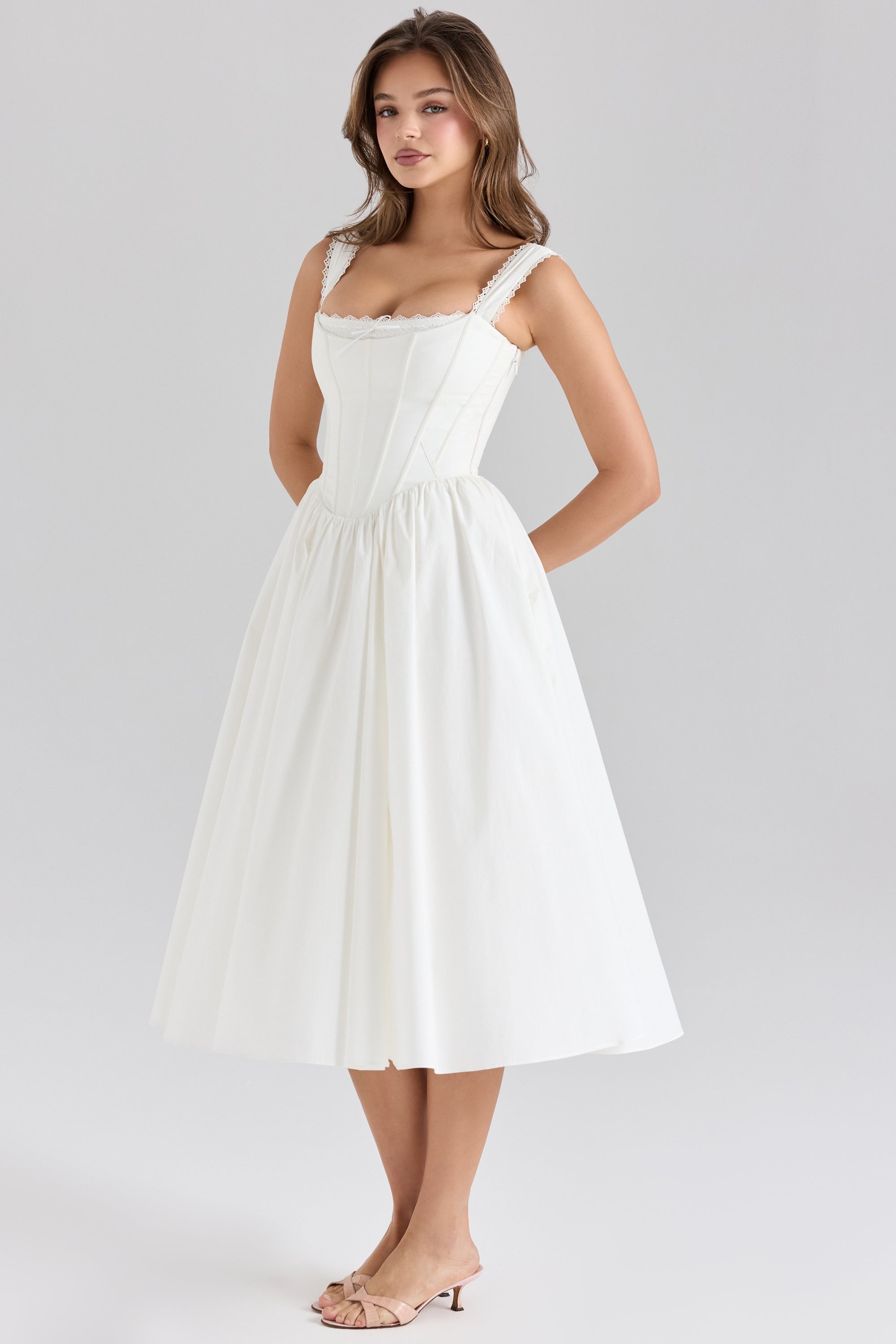 white stretch cotton corset midi dress