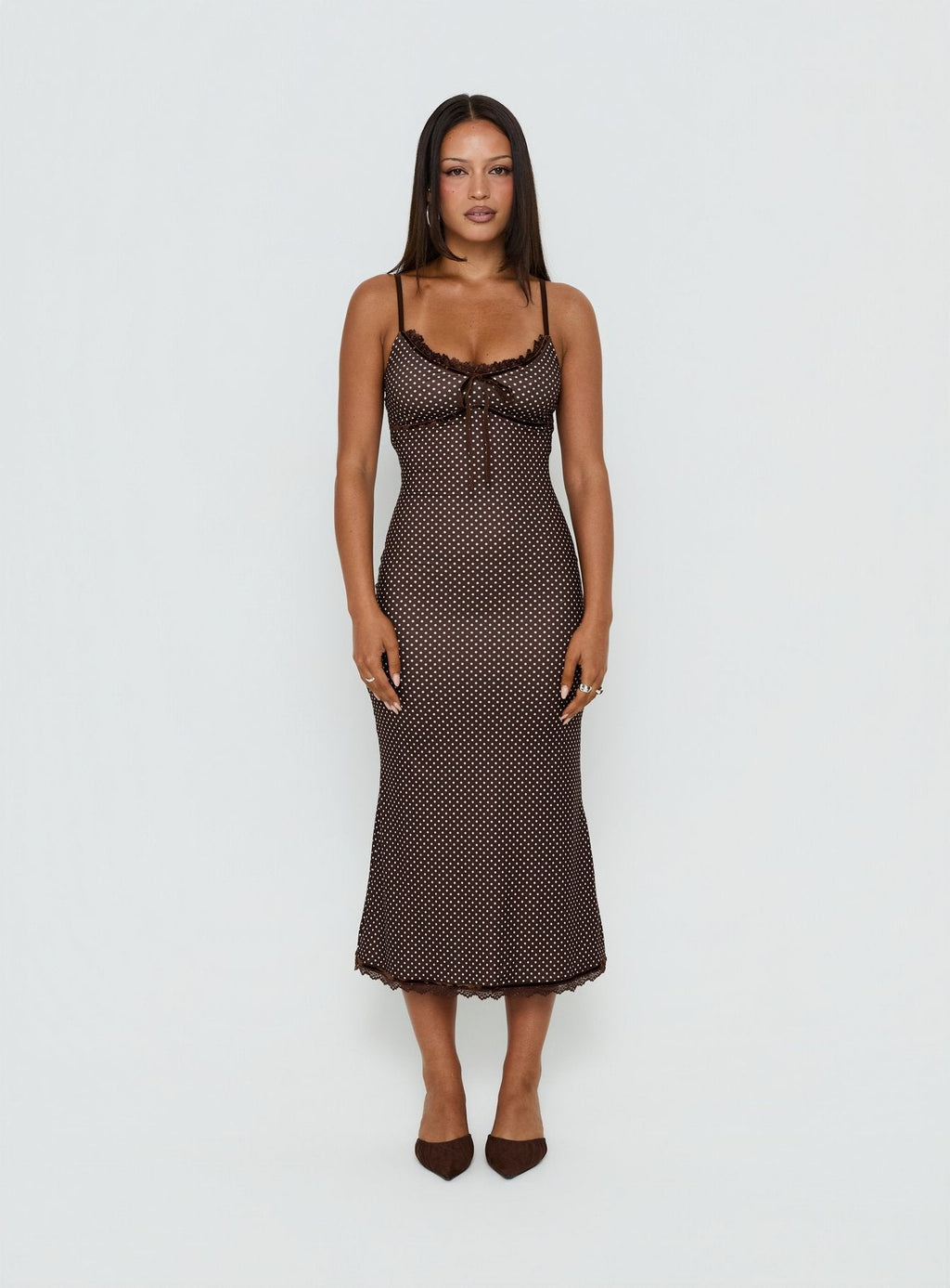 Delaney V Neck Frill Midi Dress Brown / Pink Polka Dot