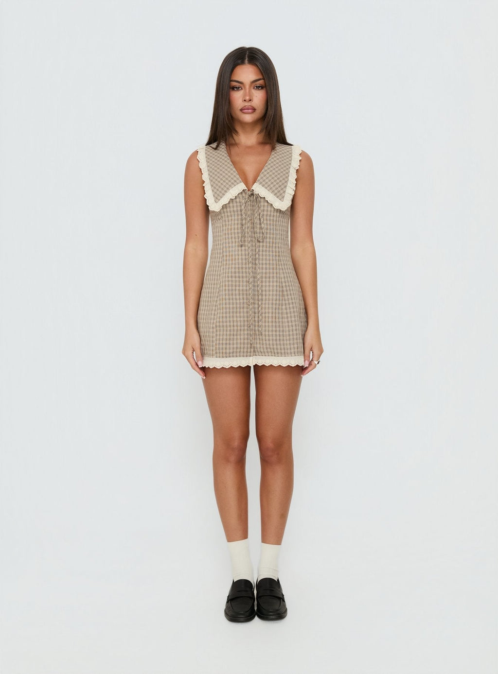 Mayci Collared Lace Trim Romper Brown Check