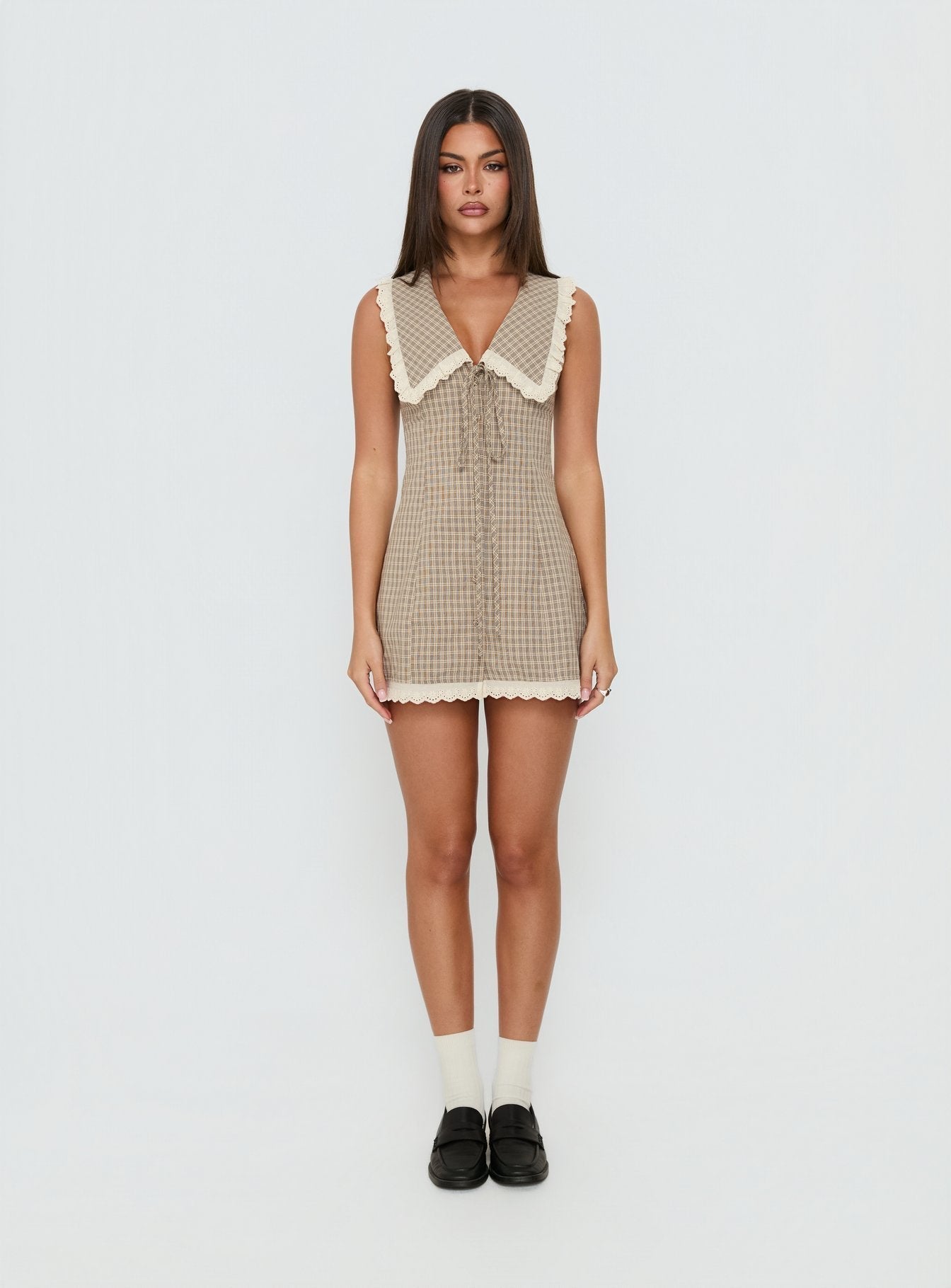 Mayci Collared Lace Trim Romper Brown Check