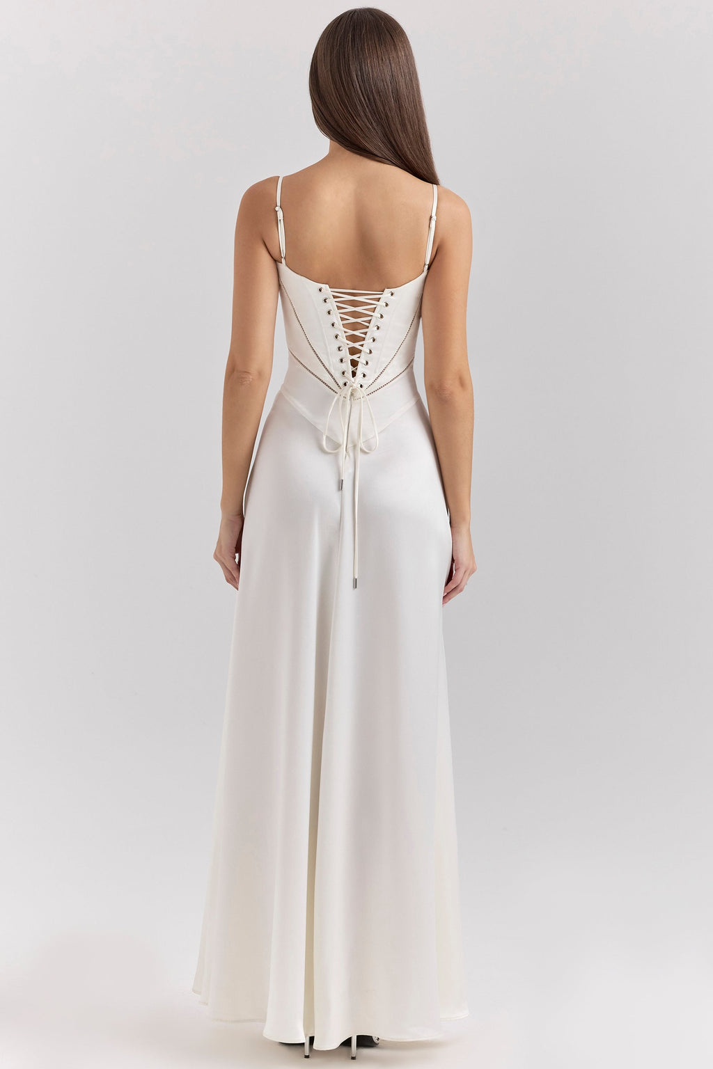 ivory satin lace up maxi dress