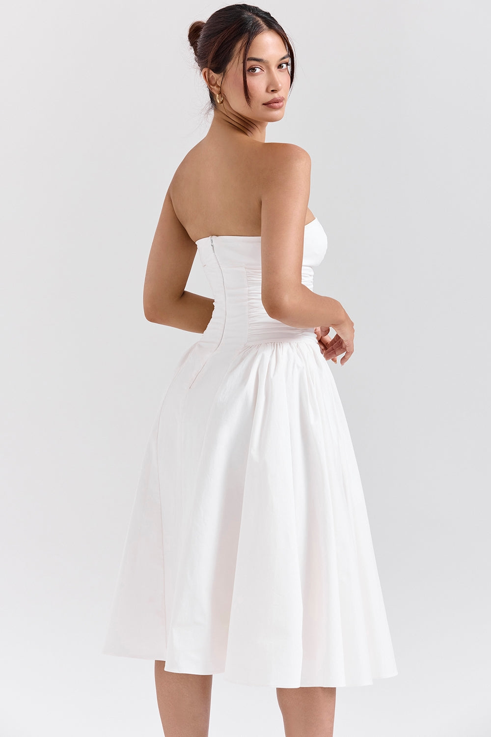 white cotton strapless midi sundress