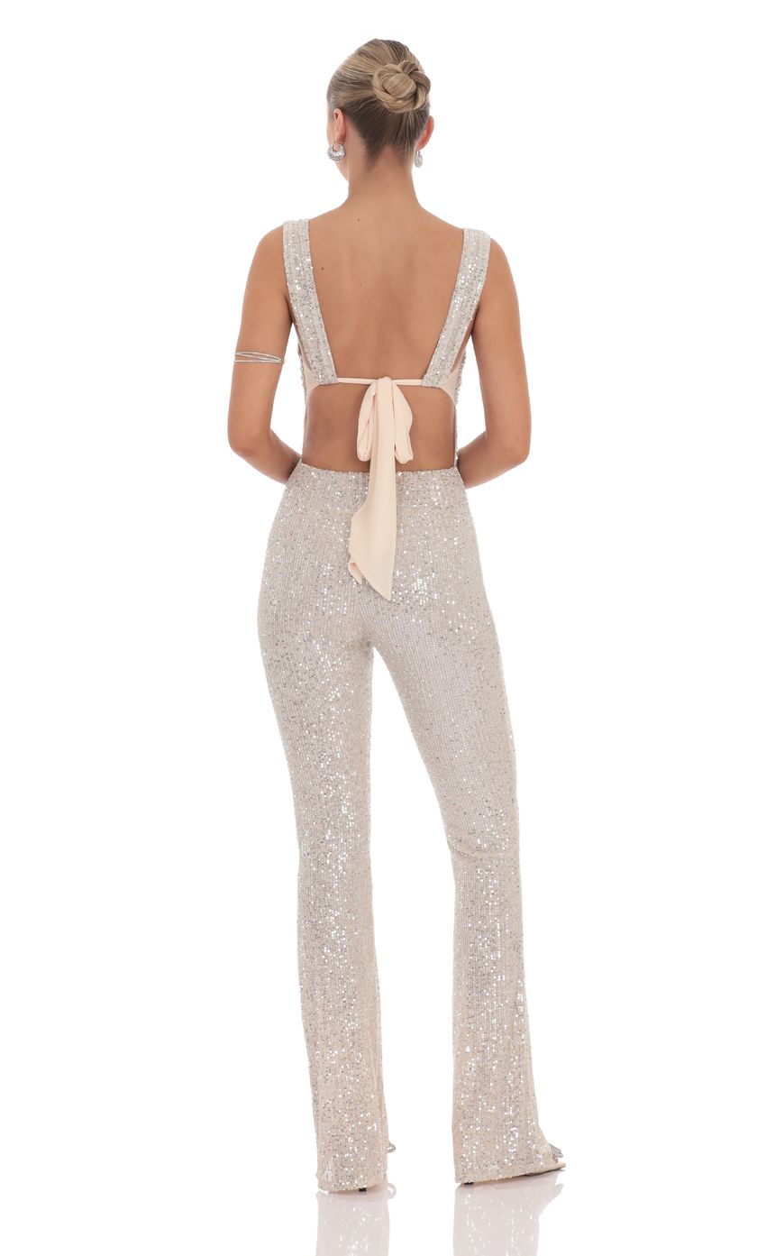 Sequin Back Tie Jumpsuit in Champagne