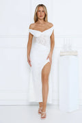 Ivory Veil Off Shoulder Lace Maxi Dress White