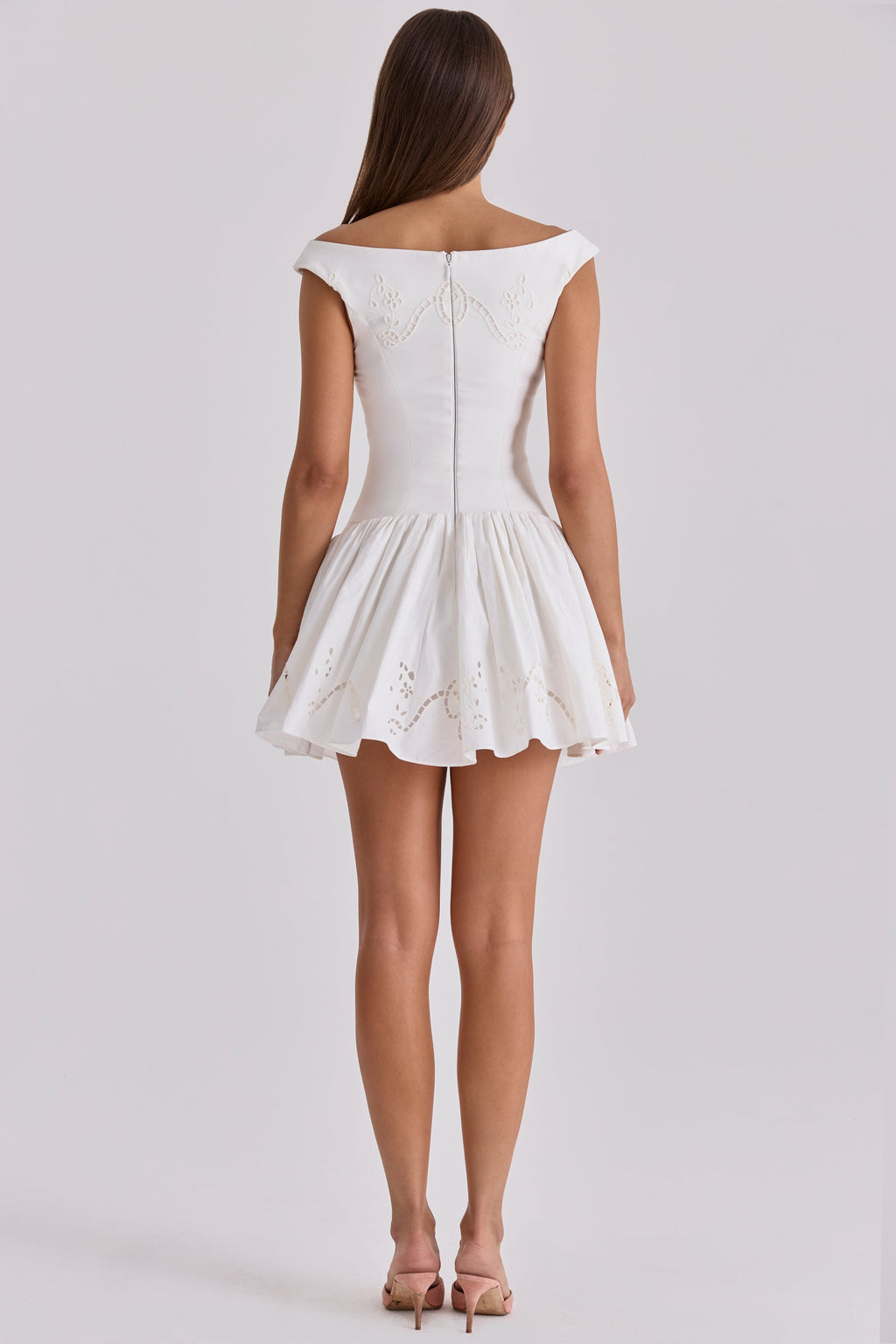 white cotton broderie anglaise boat neck mini dress