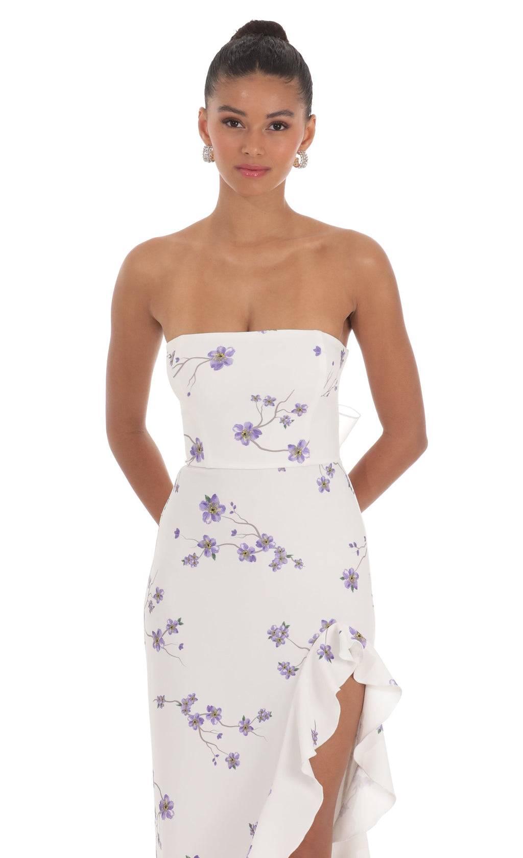 Floral Strapless Back Bow Corset Maxi Dress in White