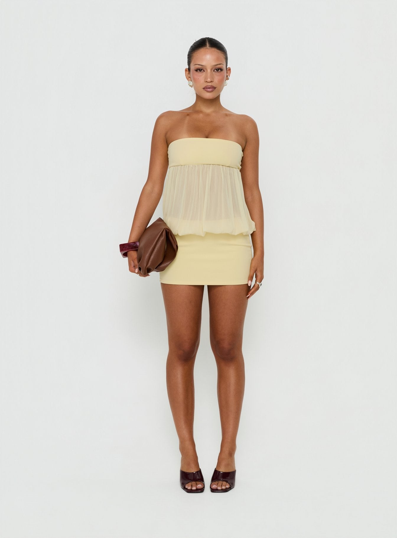 Howland Strapless Sheer Blouson Mini Dress Yellow