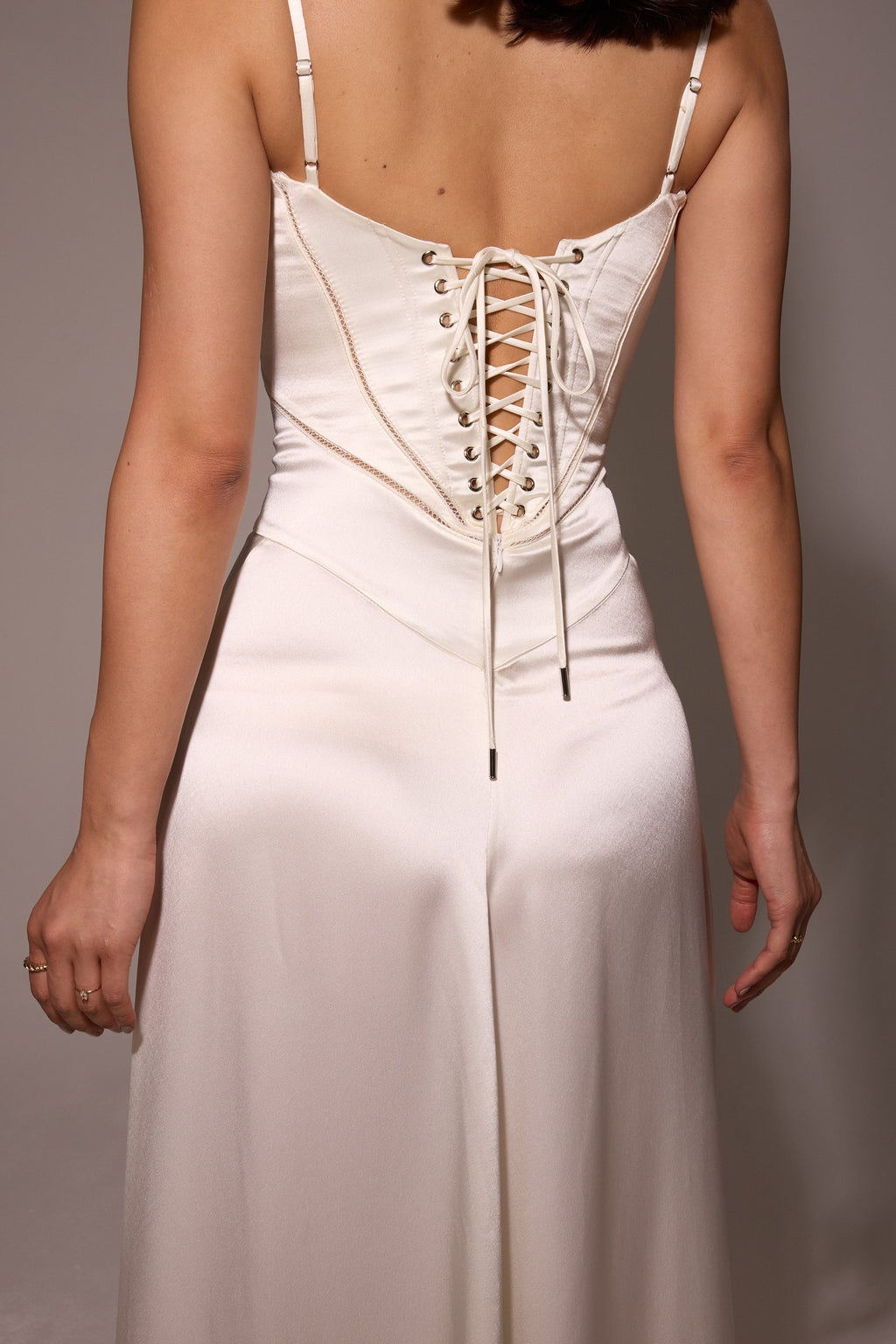 ivory satin lace up maxi dress