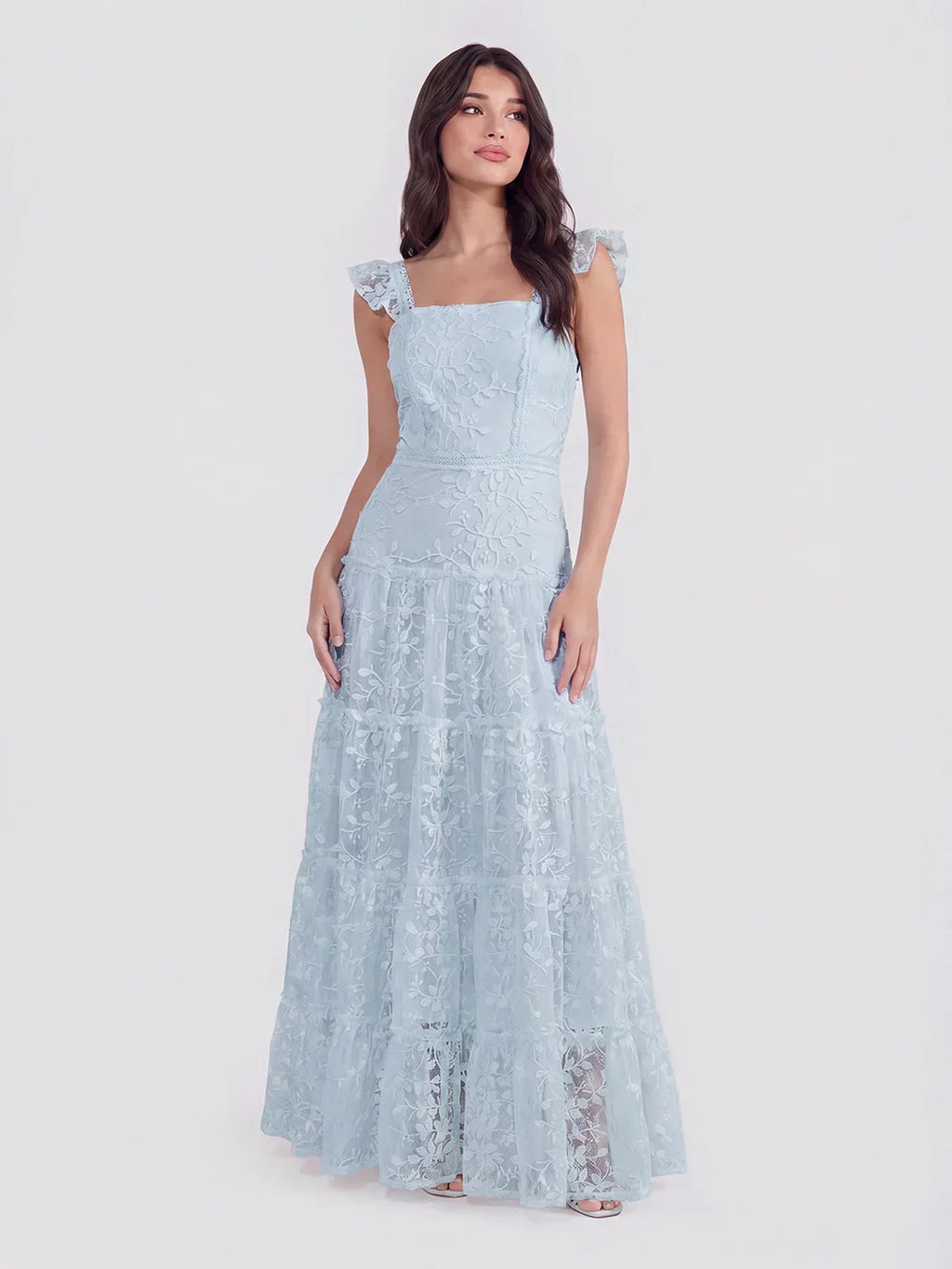 Tiered Vertical Lace Maxi Dress With Square Neckline