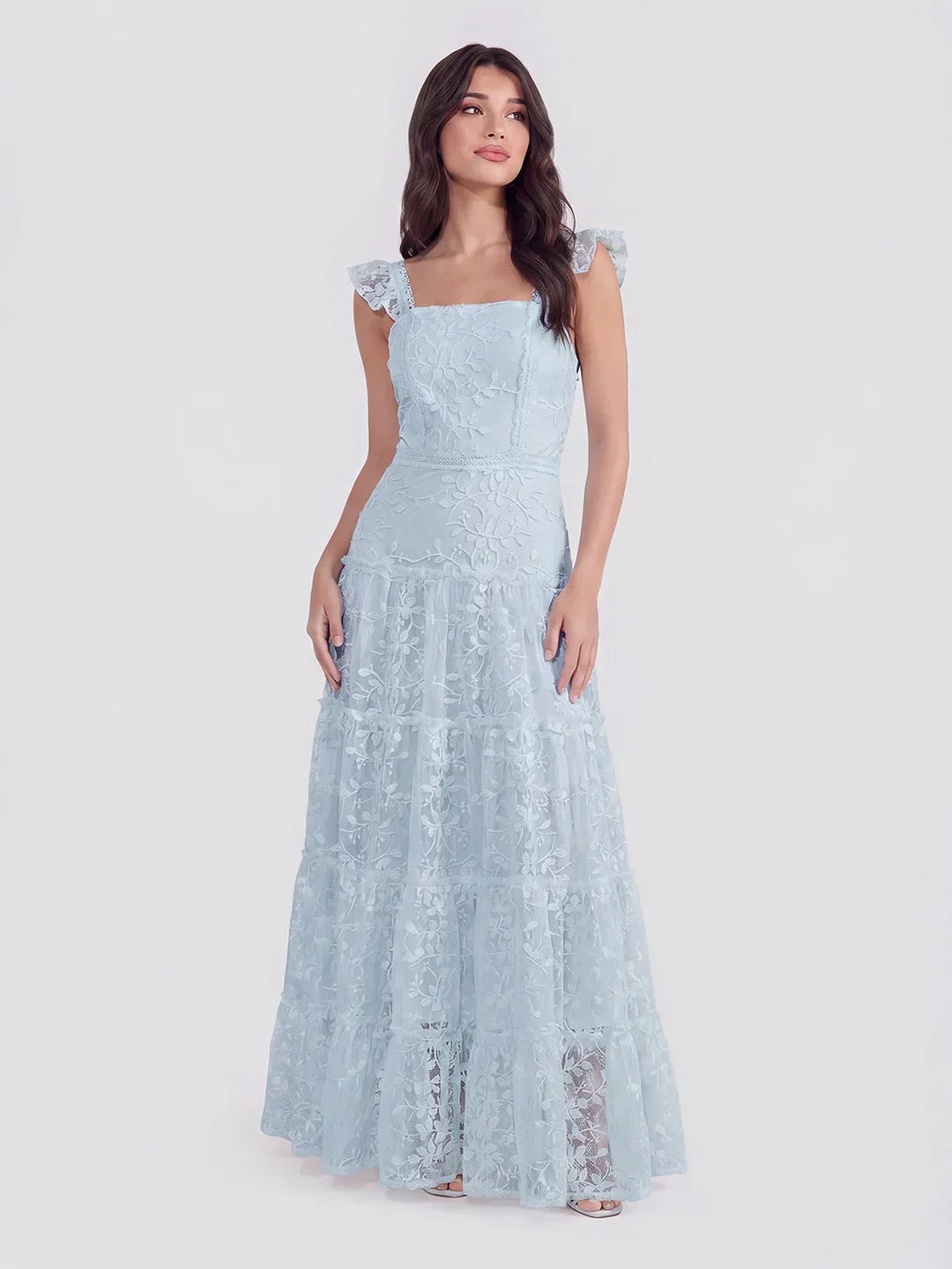 Tiered Vertical Lace Maxi Dress With Square Neckline