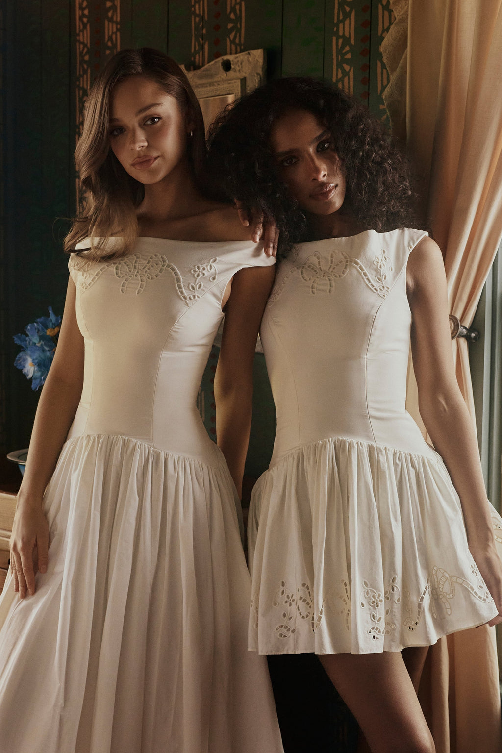 white cotton broderie anglaise boat neck mini dress
