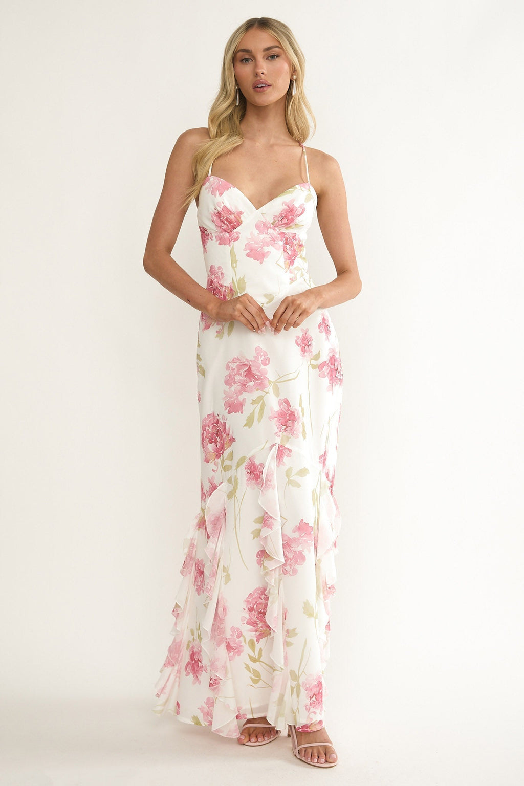 Charlisa Strappy Back Ruffle Maxi Dress Flowers White