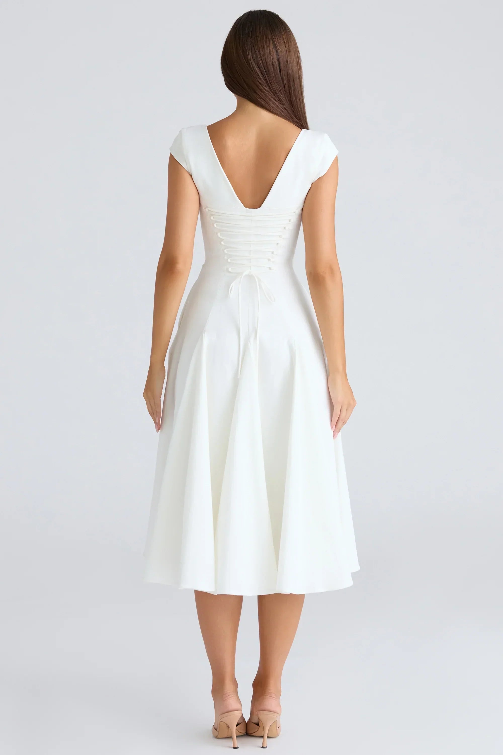 white square neck twill midi dress