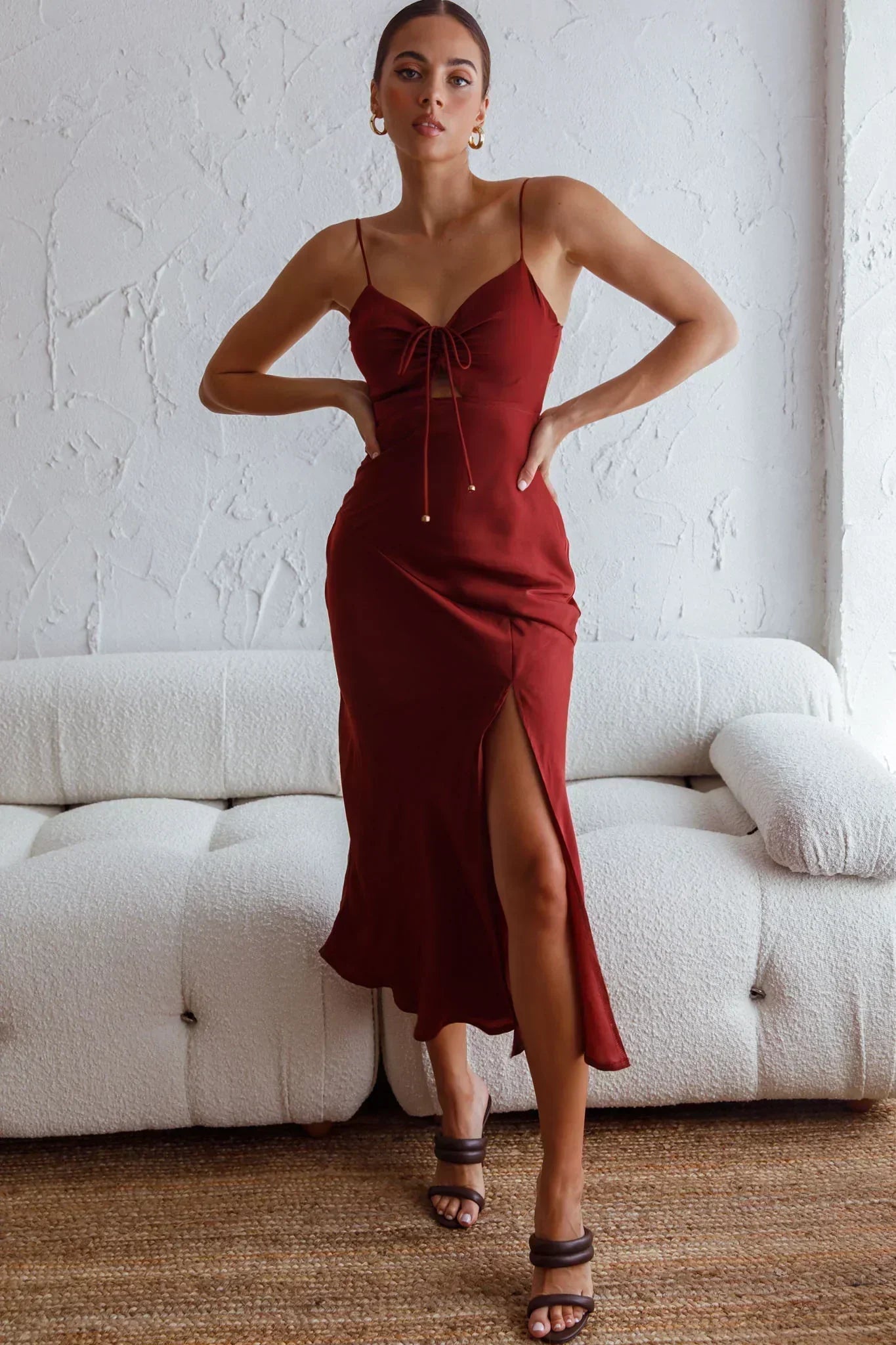Fondest Memories Ruched Drawstring Bust Lace-Up Back Midi Dress Brown