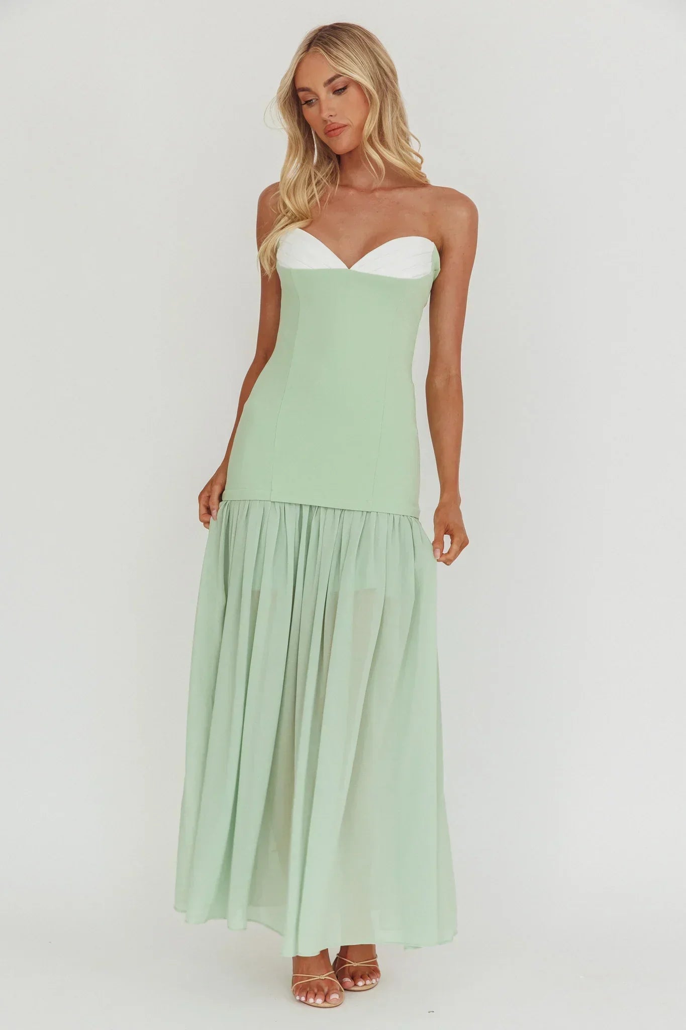 Unspoken Sweetheart Neckline Sheer Hem Maxi Dress Sage