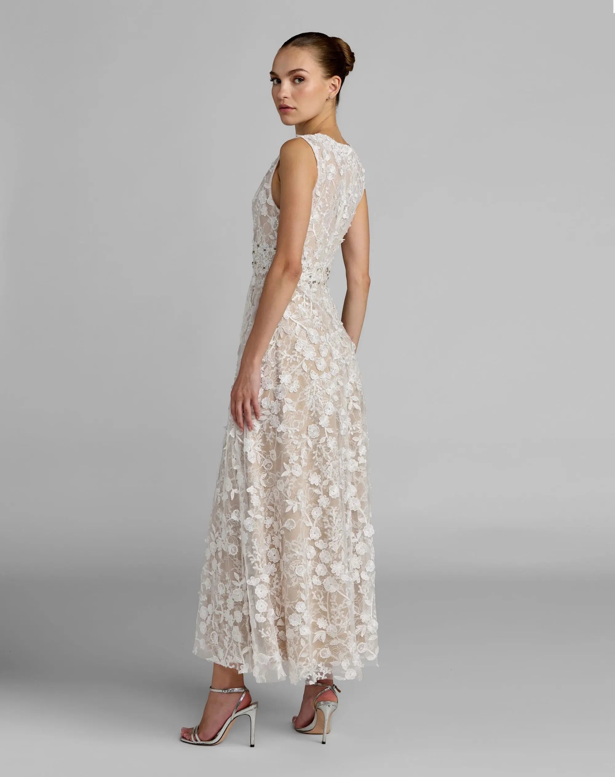 Ivory Floral Embroidered High Neck Midi Dress