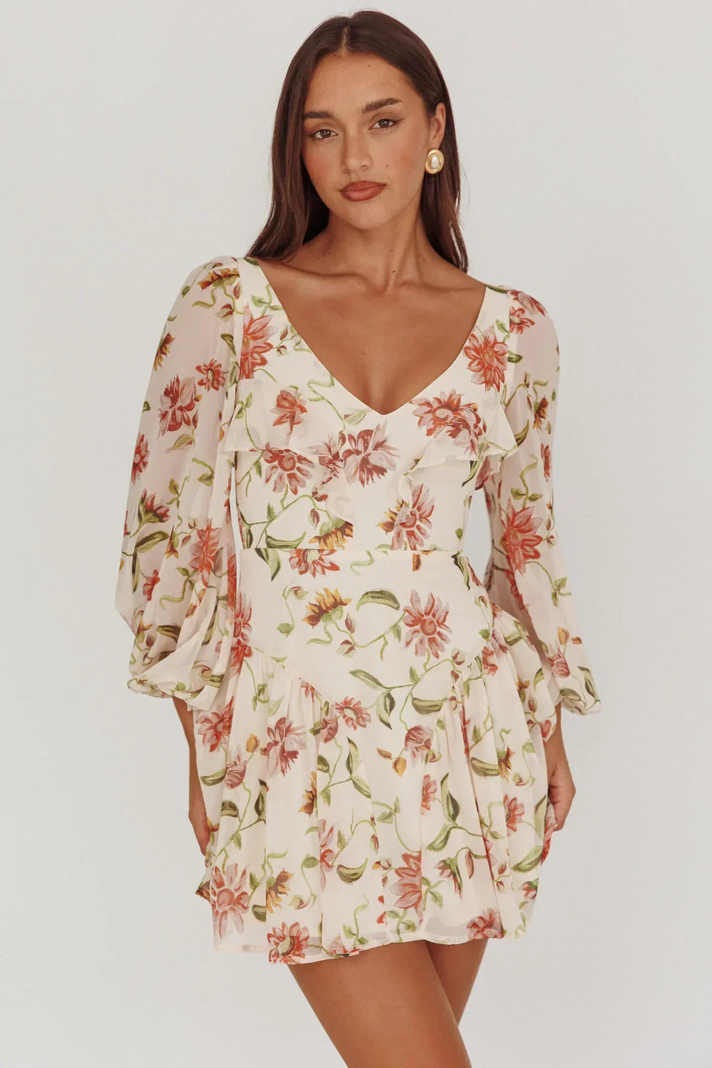 Lucky One Balloon Sleeve Mini Dress Floral Beige