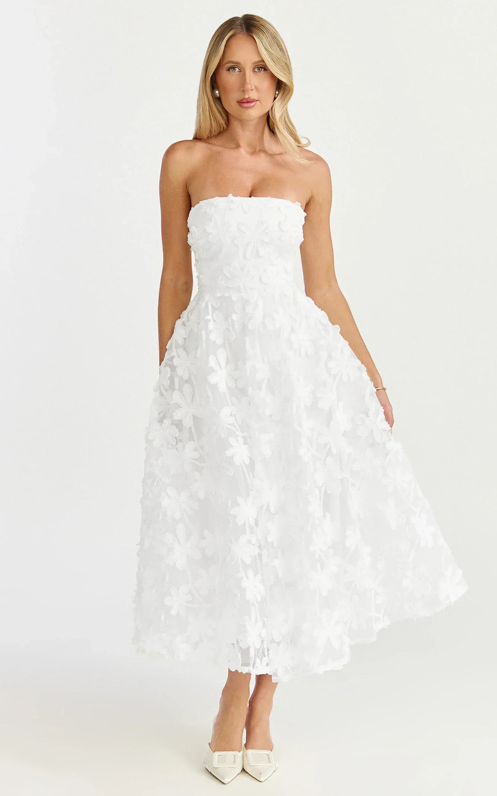 Rheiva Midi Dress - Strapless 3D Embroidery Midi Dress in White
