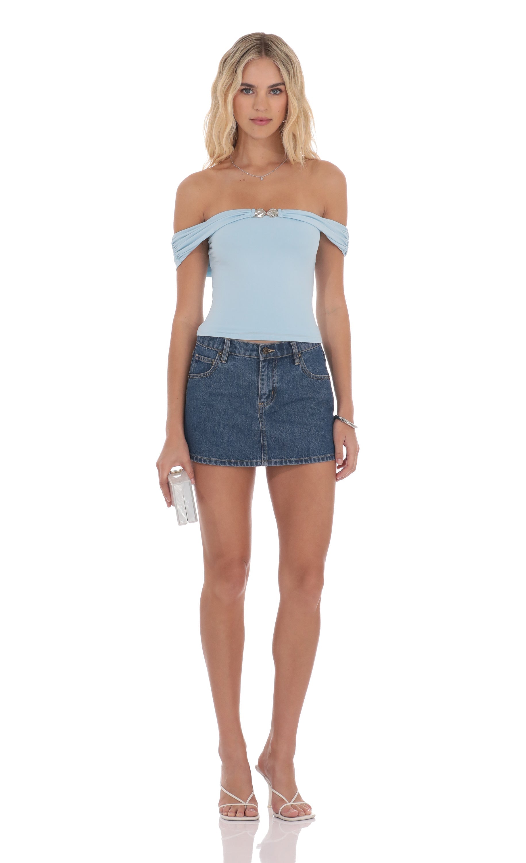 Embellished Off Shoulder Top in Light Blue