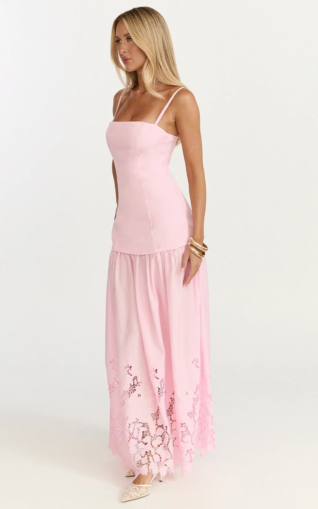 Everly Maxi Dress - Straight Neck Broderie Cut Out Hem Dress in Pink