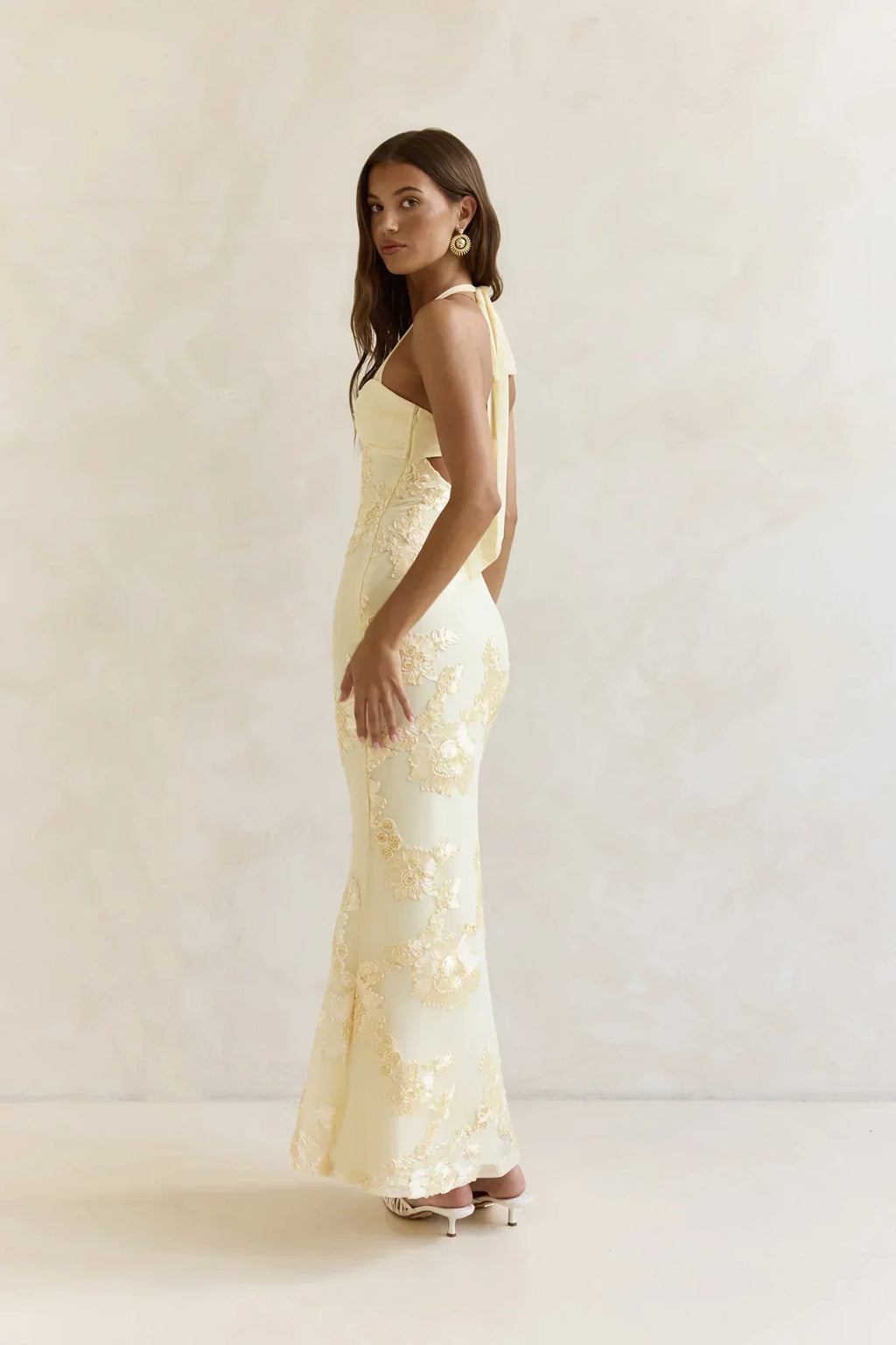 Skybloom Mesh Halter Maxi Dress Yellow