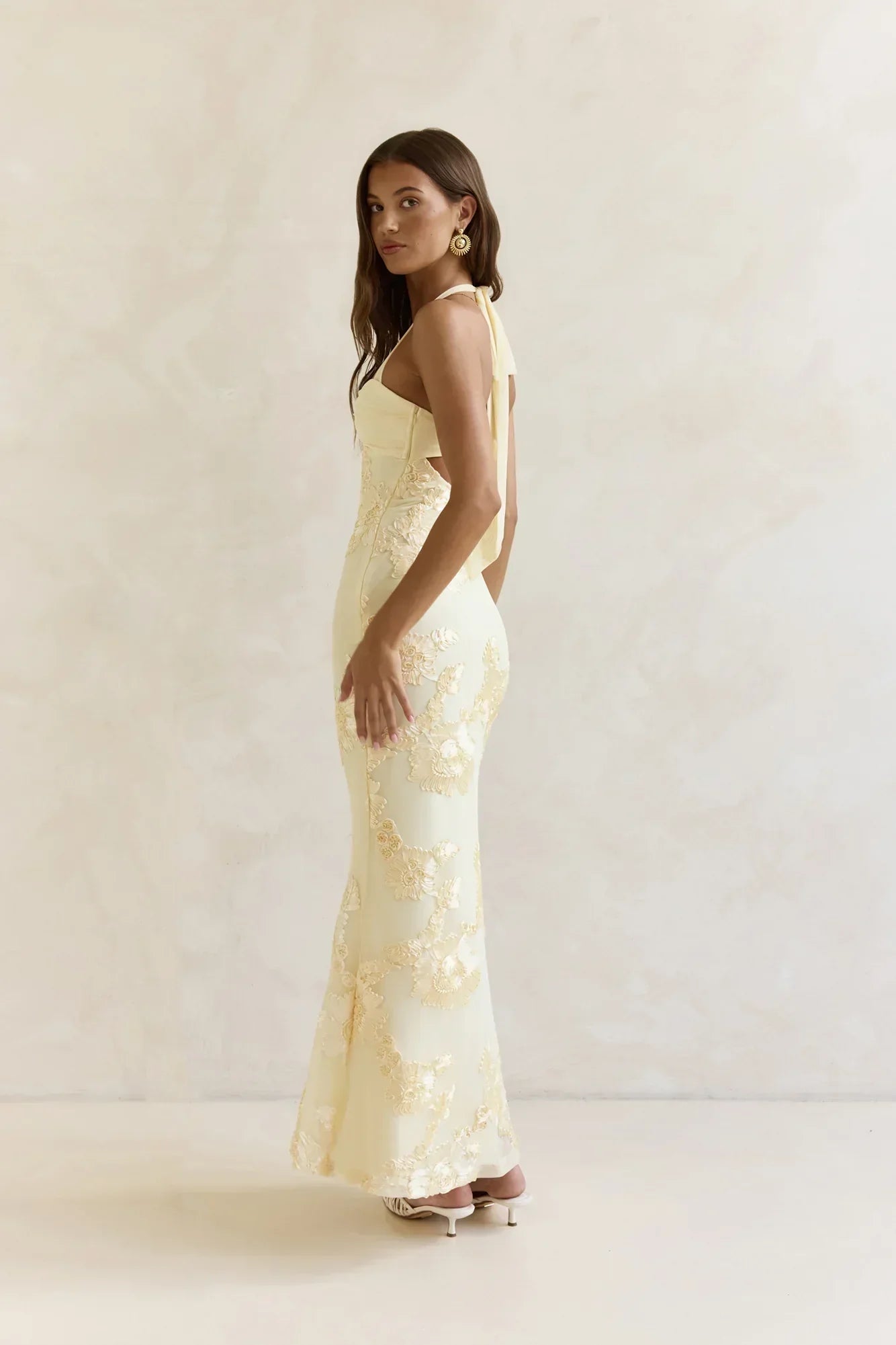 Skybloom Mesh Halter Maxi Dress Yellow