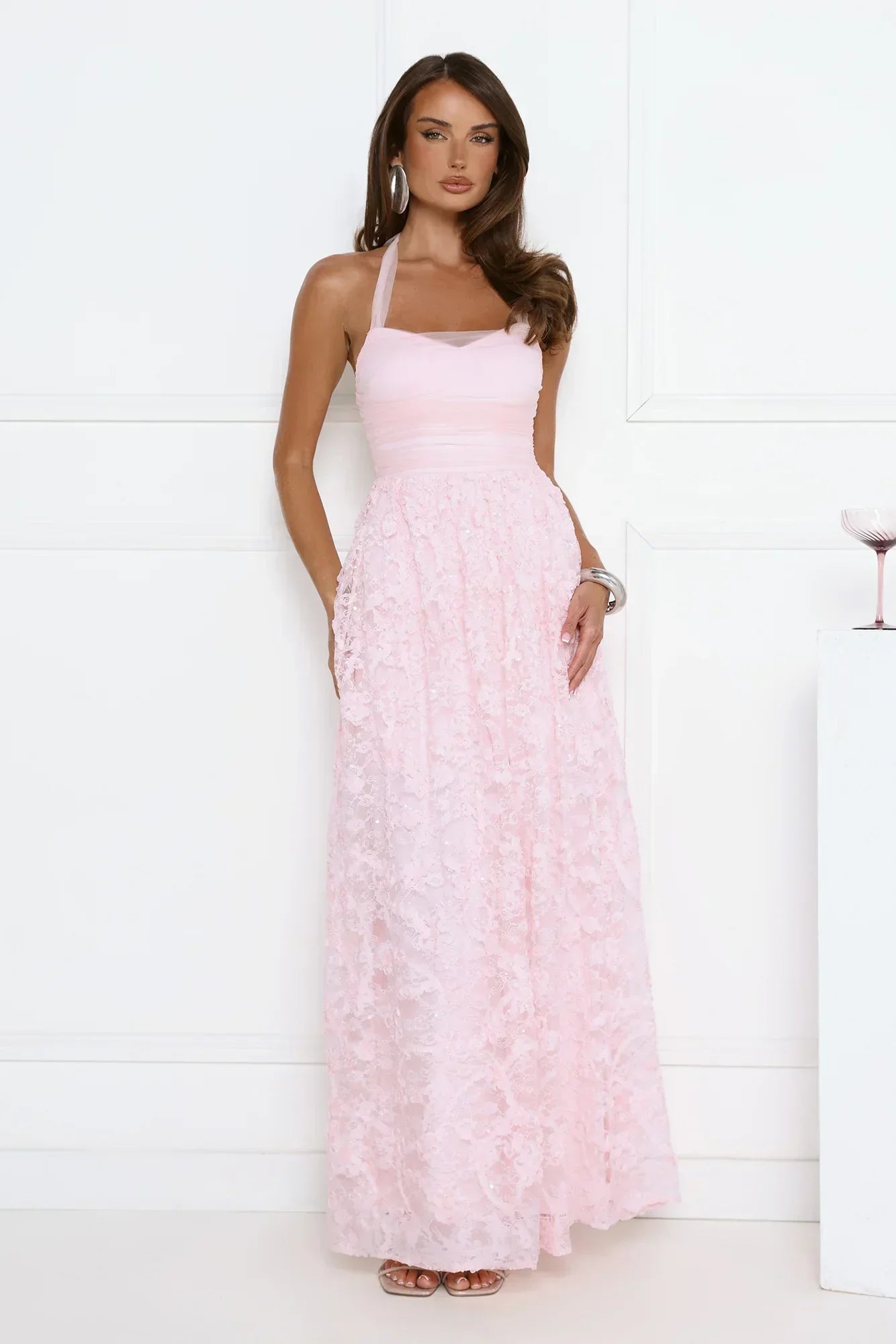 Magnetic Luxe Halter Maxi Dress Pink