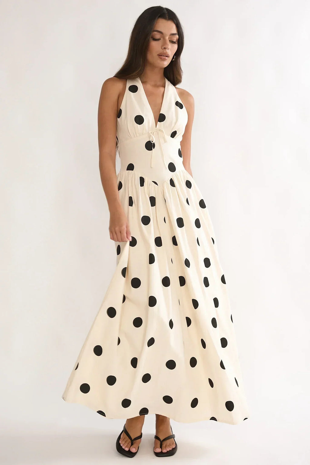 Sundrenched Halter Maxi Dress Polka Dot Beige