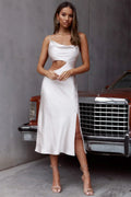Sicily Asymmetrical Cowl Neckline Midi Dress Champagne