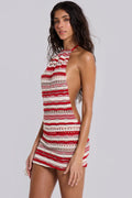 Cata Red Stripe Halter Ruffle Knit Mini Dress