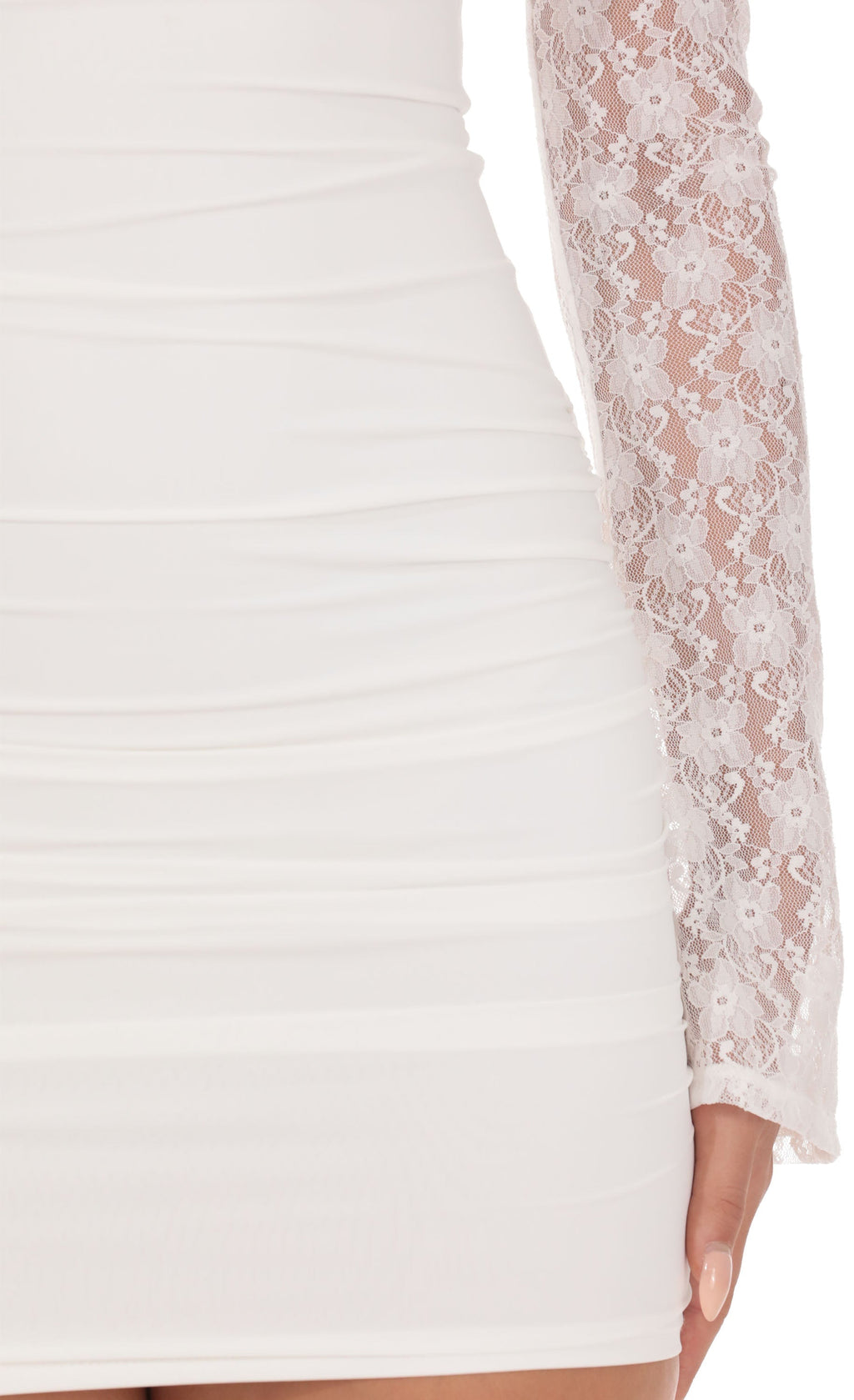 Sheer Lace Ruched Long Sleeve Mini Dress in White