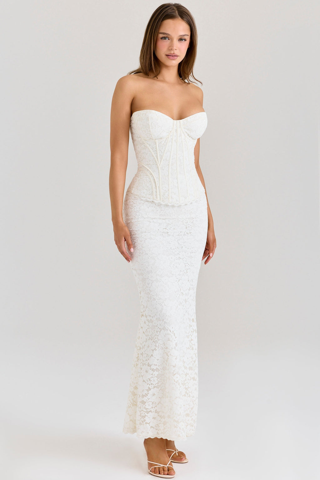 ivory lace corset maxi dress